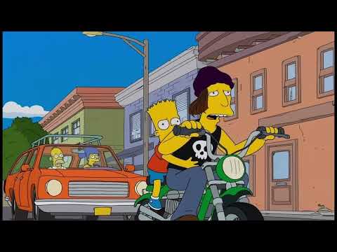 Jimbo Jones and Bart Simpson are riding on their motorcycle