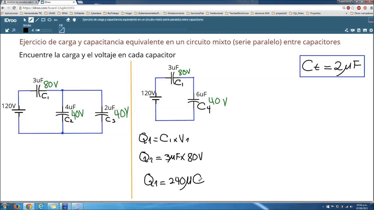 108. Carga y capacitancia equivalente en un circuito mixto serie paralelo entre capacitores.