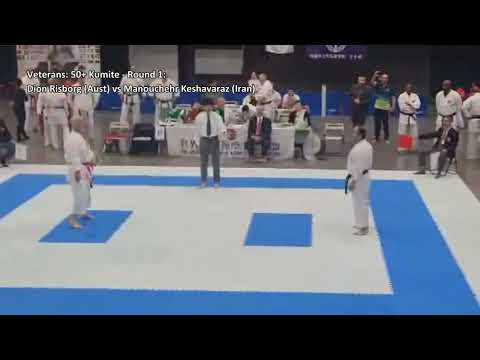 WSKF 2023 World Championships: Veterans: 50+ Kumite - Round 1: Risborg (Aust) vs  Keshavaraz (Iran)