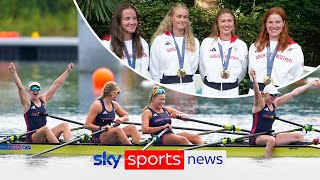 Britain's Hannah Scott, Lola Anderson, Lauren Henry and Georgina Brayshaw react to Olympic gold