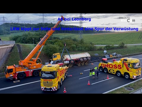 A8 Leonberg: LKW kippt um und hinterlässt eine Spur der Verwüstung - Bergung mit Kran