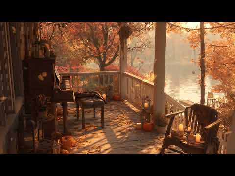 Autumn lakeside porch and glowing Water sounds 🍂 Quiet study space with relaxing jazz piano music
