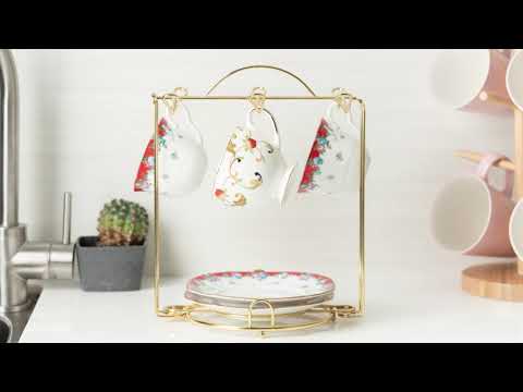 HOHIYA 2 Piece Minimalist Tea Cup and Saucer Stand Modern Gold Metal Teacup Display Rack for Fine China Porcelain Collectibles and Elegant Tabletop Decor video