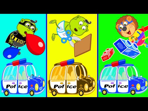 Lion Family 🍒 Makes DIY Police Car Toy from Lego, Balloons and Cardboard | Cartoon for Kids