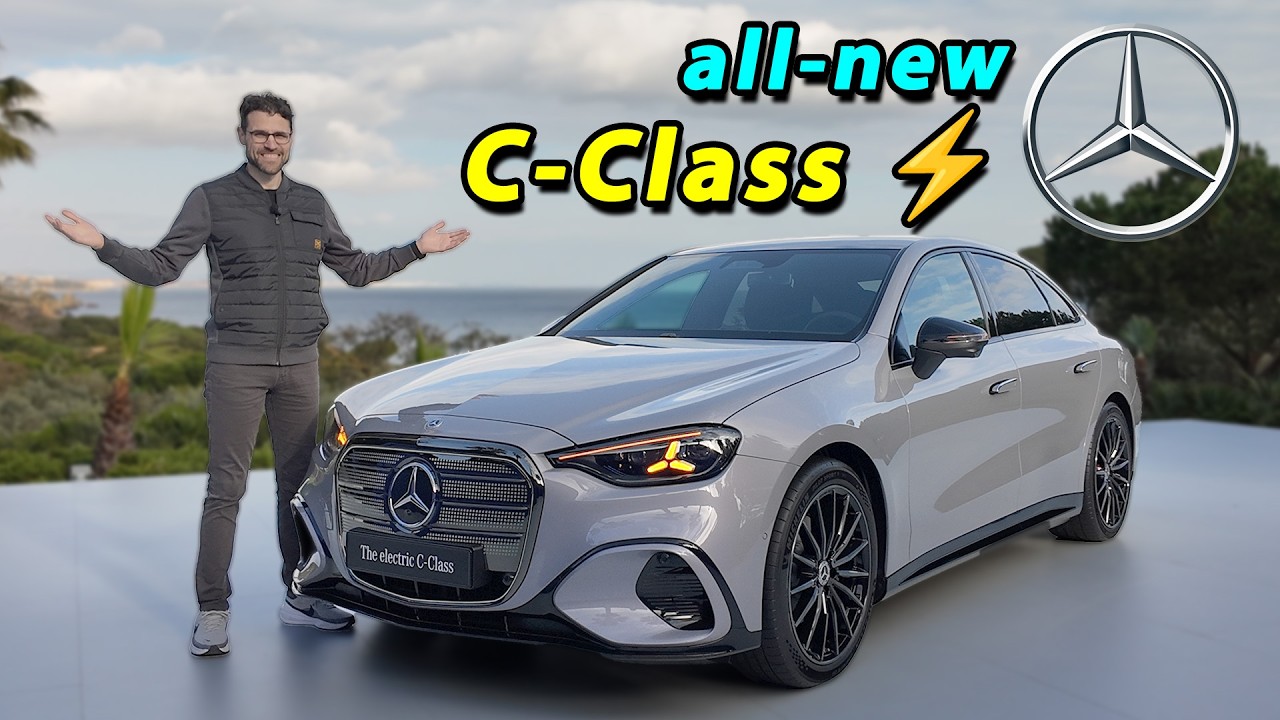 The all-new electric Mercedes C-Class in lavender paint at a reveal event in Portugal, covered by Autogefühl