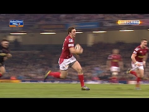 George North at full speed for great try - Dragons v Scarlets 30th March 2013