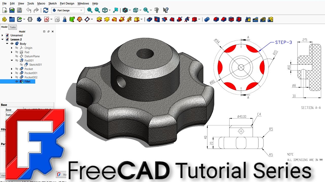 FreeCAD Beginner Course | Module 1 – Lesson 2 | Star Head handle Knob 3D Modelling for 3D Printing