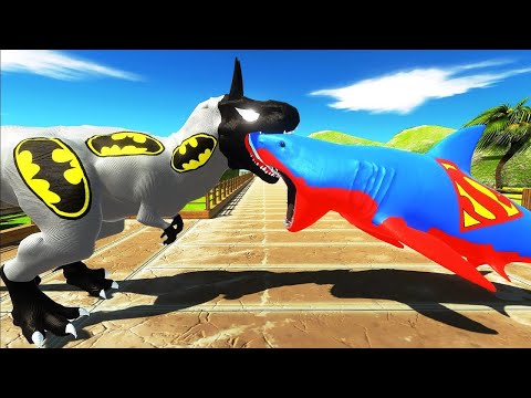 BATMAN T-REX vs SUPERMAN MEGALODON vs ELECTRO T-REX DEATH RUN - Animal Revolt Battle Simulator