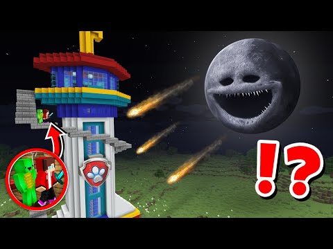 JJ and Mikey BIGGEST Paw Patrol Tower vs The MOON Wakes UP BUILD CHALLENGE in Minecraft - Maizen
