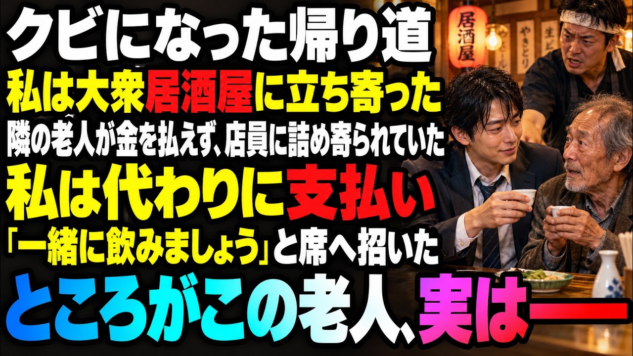 会社をクビになった帰り、ふらりと入った大衆居酒屋で、隣の席の老人が代金を払えず店員に脅されていた。私は代わりに払って同じ席で話を聞いた――ところが、この老人は…