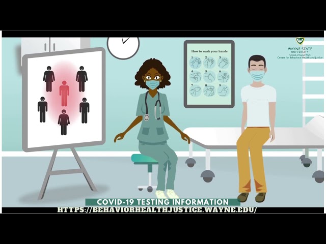 Illustration of a doctor seated in a doctor's office next to a patient, both wearing masks. There is a display showing multiple people standing near each other to illustrate close proximity and contact tracing. .