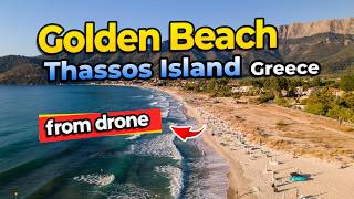 Golden beach and camping in Thassos Island, Greece from drone 4K