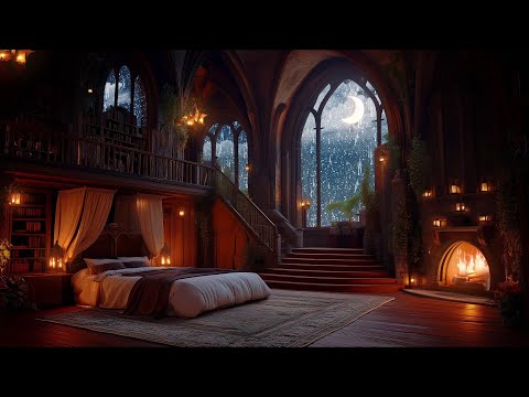 Heavy Thunderstorm in a Cozy Majestic Castle Room Haven with Rain and Fireplace Sounds To Sleep