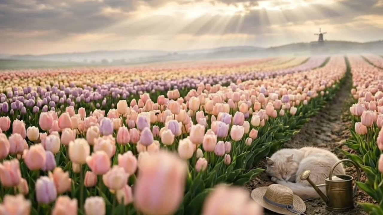 Fluffy White Cat Sleeping in a Dreamy Tulip Field | 1 Hour Relaxing Loop