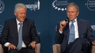 Bill Clinton George W Bush laugh and jab at one an
