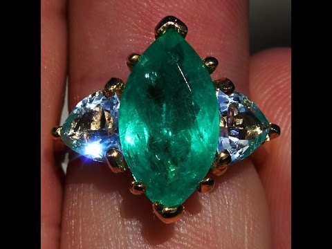 IMPORTANT MARQUISE EMERALD AQUAMARINE 14K RING LARGE