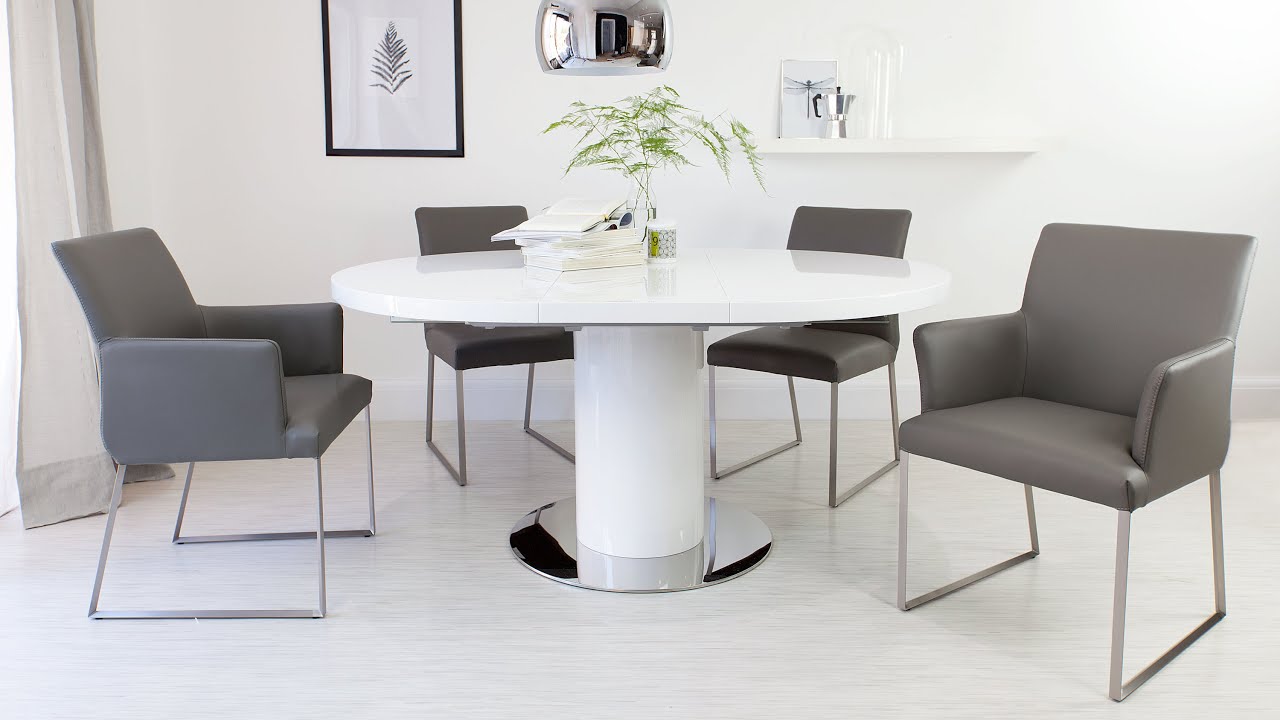 Round White Gloss Extending Dining Table and Real Leather Dining Chairs