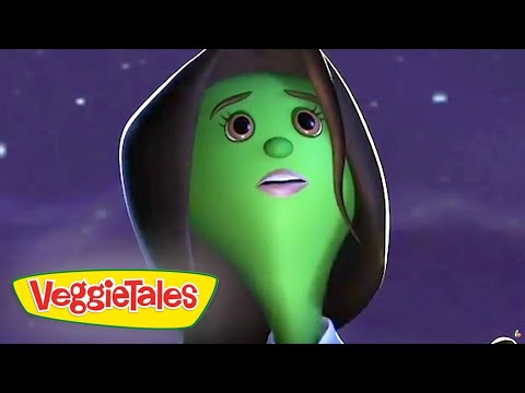 Green VeggieTales character in a dark hood looks surprised against a starry purple sky, VeggieTales logo in the bottom-left corner.