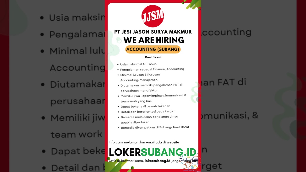 Lowongan Kerja Subang PT Jesi Jason Surya Makmur September 2024 Terbaru #lokersubang