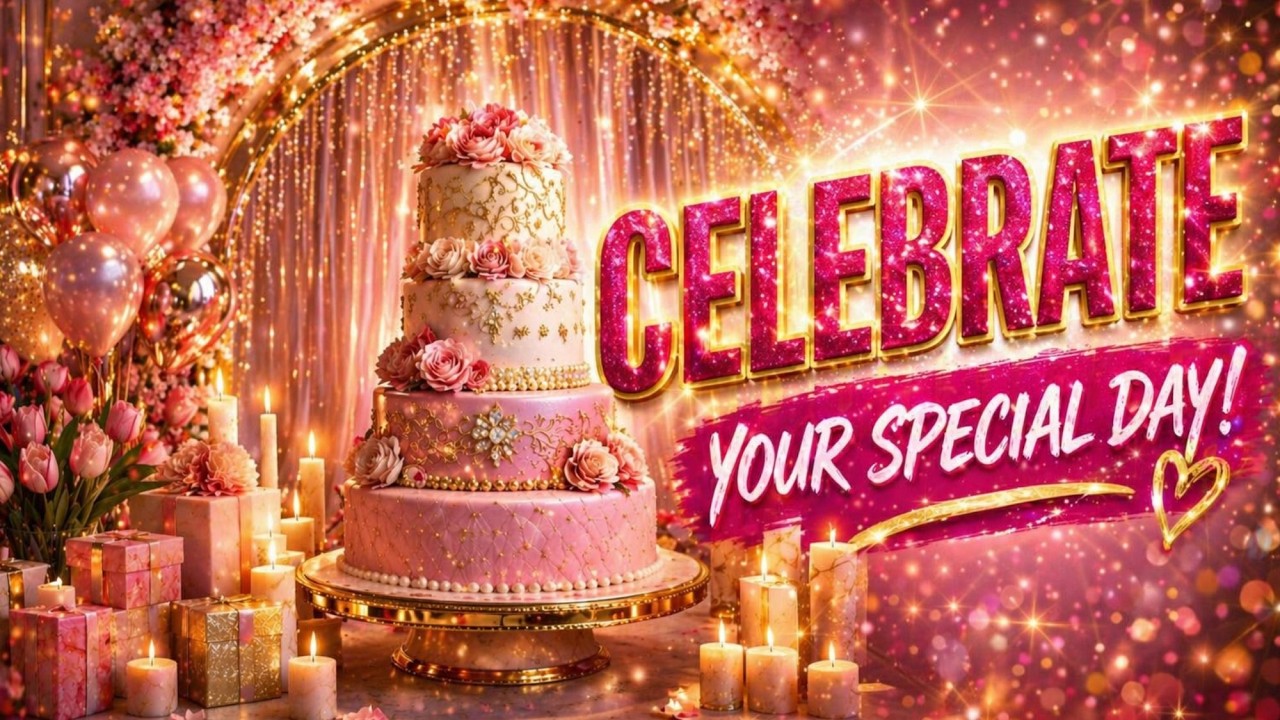 Luxury Pink Birthday Cake  | Elegant Happy Birthday Setup with Balloons & Candles