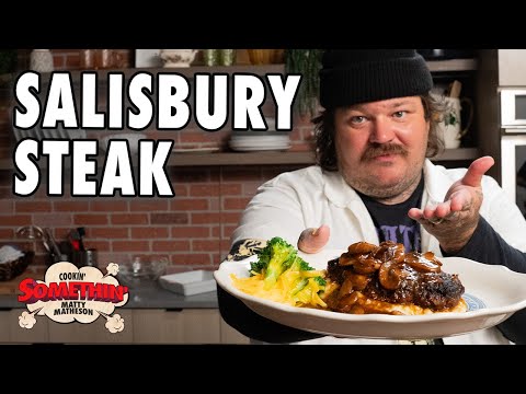 Salisbury Steak with Sarsaparilla Mushroom Gravy, Steamed Broccoli, and Mashed Potatoes