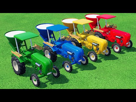 TRANSPORT WITH COLORS - TRANSPORTİNG FIAT MINI TRACTORS ON TRAILER TO GARAGE - Farming Simulator 22