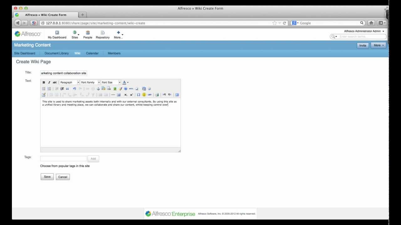 Alfresco Enterprise:  Creating site content