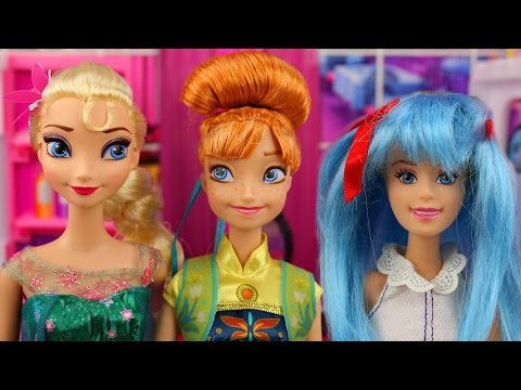 Anna y Elsa Cambios de Imagen Frozen Fiebre Congelada con Cenicienta Barbie Rapunzel. Video