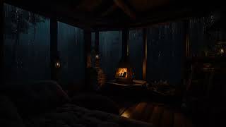 Rainfall in a Wooden Cabin with Fireplace Warmth | Soothing Rainy Night for Sleep