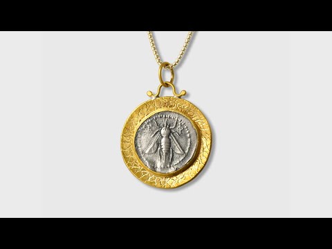 Gold-Framed, Ancient, Ephesus, Queen Bee, Tetra Drachm, Coin Replica Charm Pendant 24K Gold & Silver
