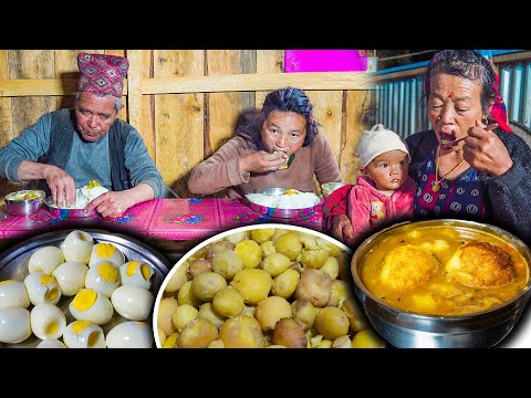 Egg & Potato curry cooking & Eating in Village Style || egg curry gravy || nepali village vlog