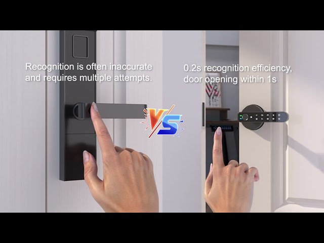 CG002 fingerprint recognition password door lock, with password keyboard keyless entry door handle, with graffiti app, suitable for bedrooms, family hotels, office apartments, black