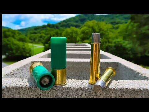 12 gauge slug VS 4570 GOVT Hard Cast - Cinder Block Test