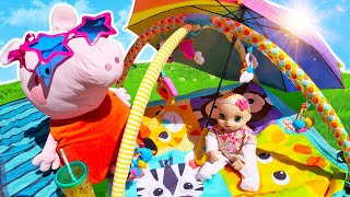 Spielspaß mit Peppa Wutz und Baby Alive. Wir nehmen ein Sonnenbad. Puppen Video für Kinder