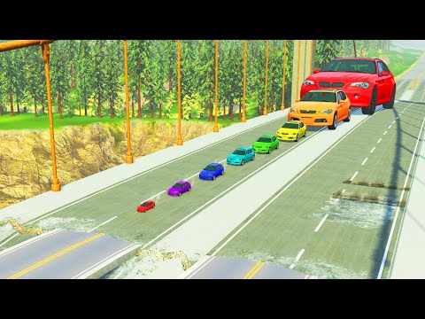 Small to Giant Cars vs collapsing bridge - beamng drive crashes