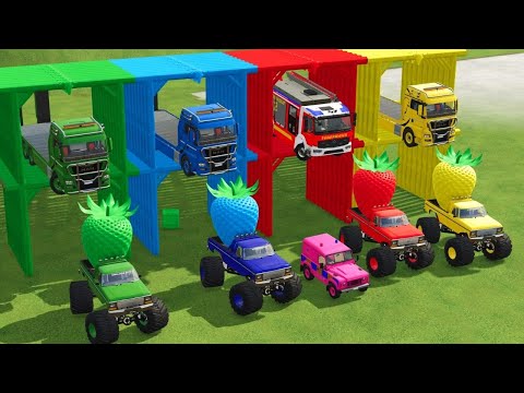 TRANSPORT OF COLORS ! FIRE DEPARTMENT , POLICE CAR, GIANT STRAWBERRY , TRANSPORT with TRUCKS !
