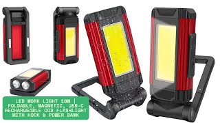 LED Work Light 10W | Foldable, Magnetic, USB-C Rechargeable COB Flashlight with Hook & Power Bank
