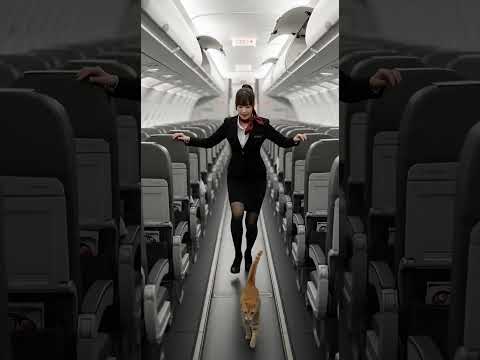 飛行機の中で猫を抱えている客室乗務員