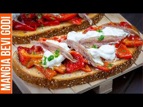BRUSCHETTE CON PEPERONI ACCIUGHE E STRACCIATELLA