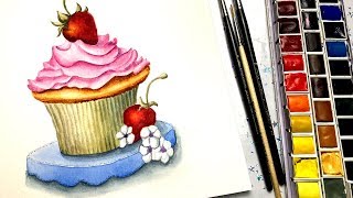 Watercolor Cup Cake Painting Demonstration