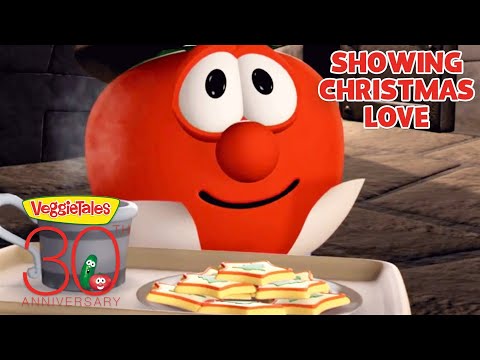 Red VeggieTales character with a mug and a plate of star-shaped cookies, celebrating VeggieTales 30th anniversary. Caption: Showing Christmas Love.