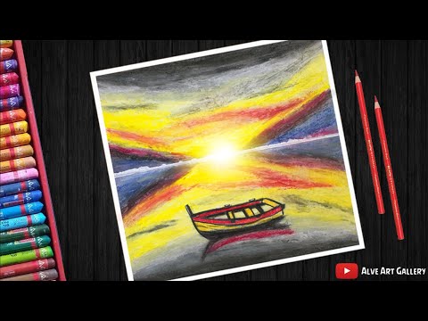 Sunset Scenery With Lonely Boat In River | Oil Pastel Drawing | Alve Art Gallery