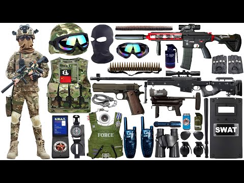 Unpacking special forces military toy gun set, M416, AK47 rifle, AUG assault rifle, handcuffs, bombs