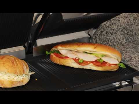 Video thumbnail for Double Panini Grill with Grooved Plates – 10″ x 18″ Cooking Surface – 220V, 3200W
