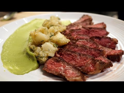EASY SOUS VIDE STEAK WITH DILL POTATOES AND PEA PUREE...