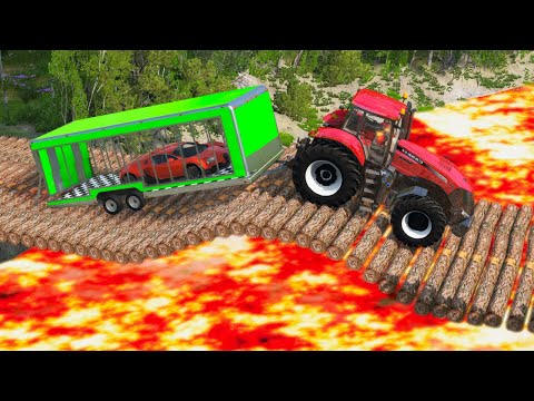 Cars Vs Lava River  Log Bridge Crossing Amazing Situation - BeamNG.Drive