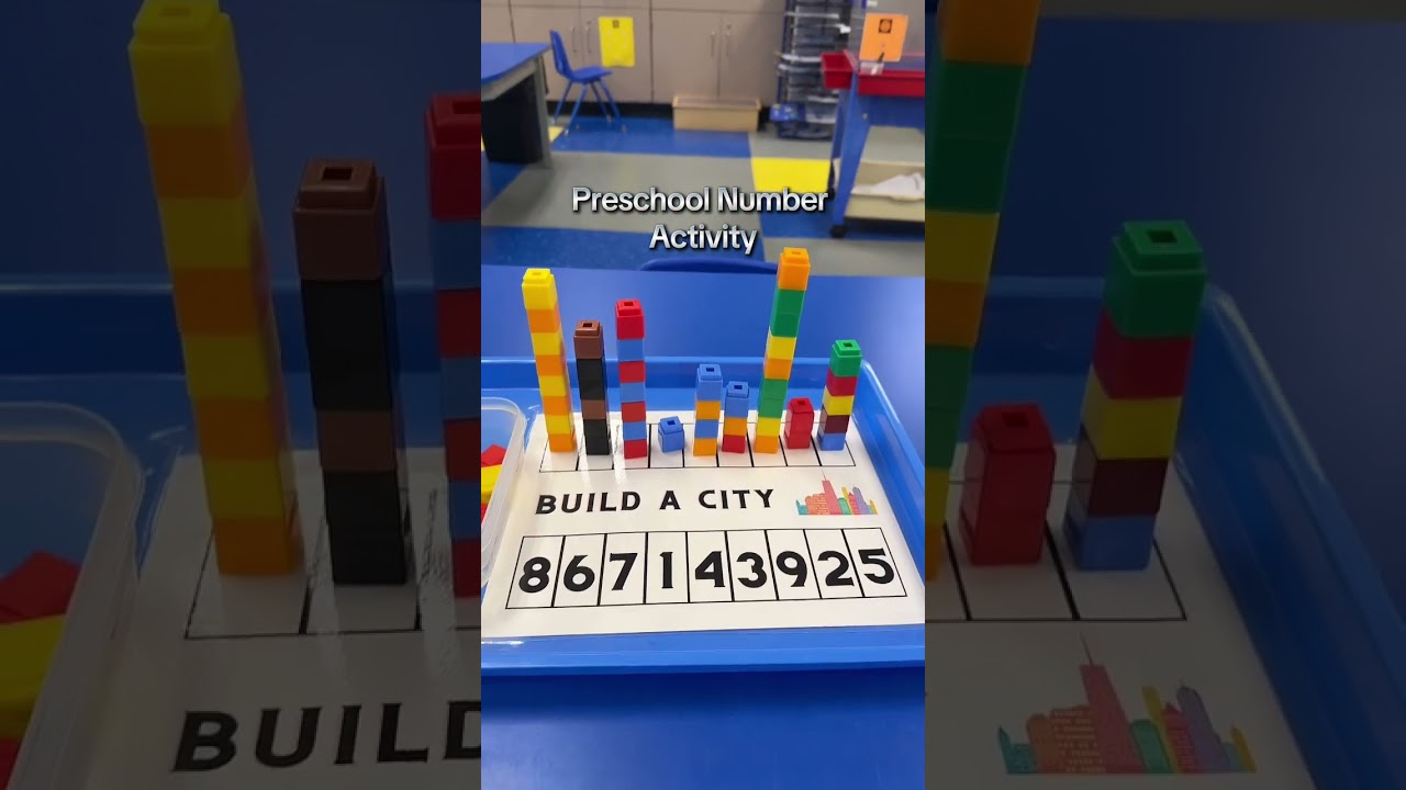 Here’s a fun preschool math tray: we’re using a “build-a-city” mat with correlating numbers