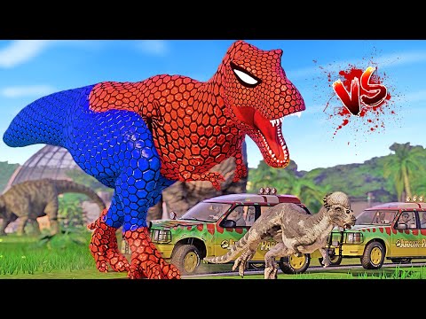 Spiderman T-Rex and Batman I-Rex, Superman Spinosaurus vs Giganotosaurus Dinosaur Battle