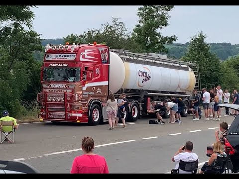 UITTOCHT TRUCKSHOW CINEY 2023 truck departures, truck spotting Scania V8 open pipe
