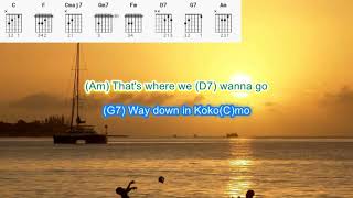 Kokomo by The Beach Boys play along with scrolling guitar chords and lyrics